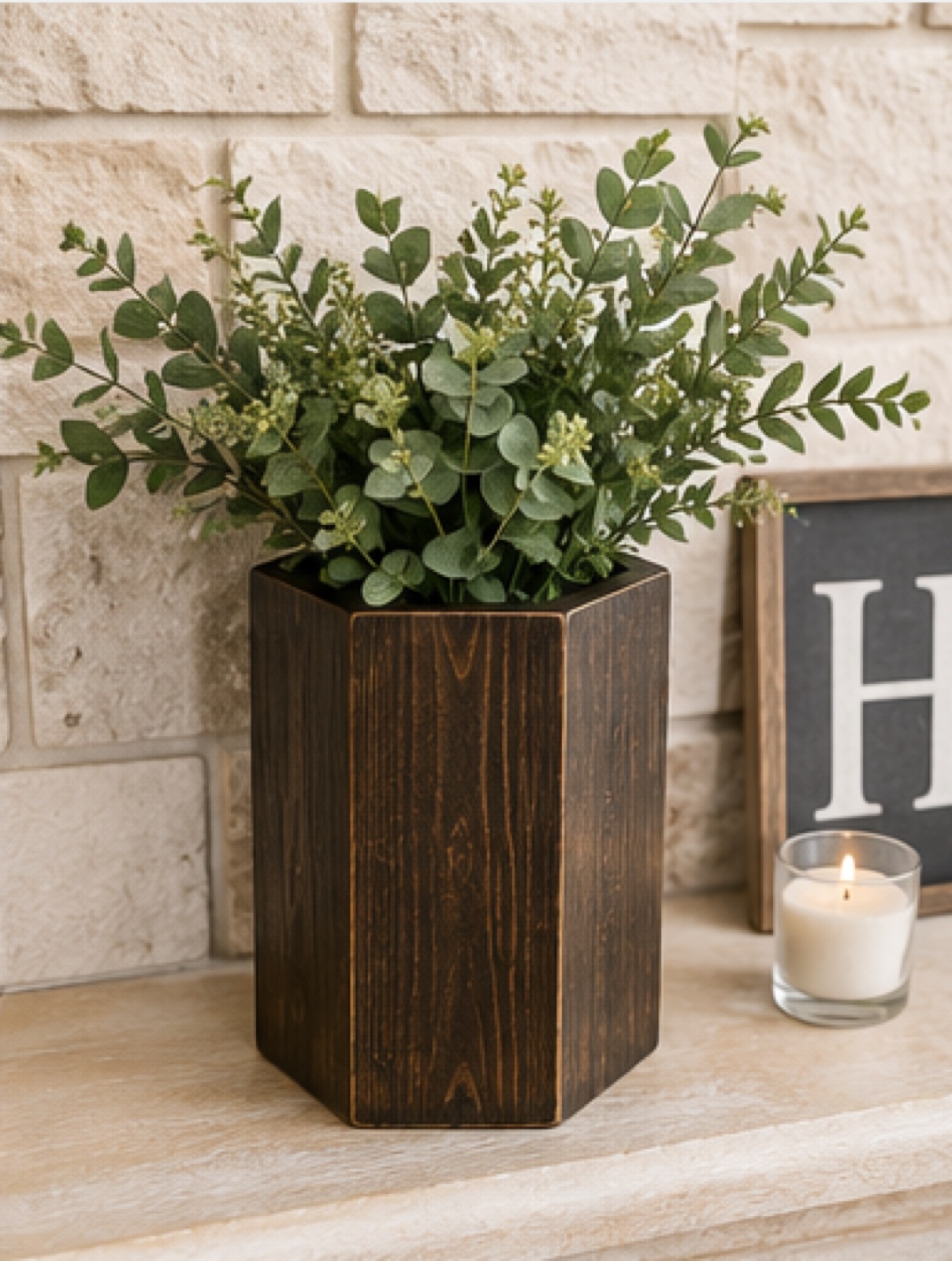 Espresso-stained hexagon flower vase