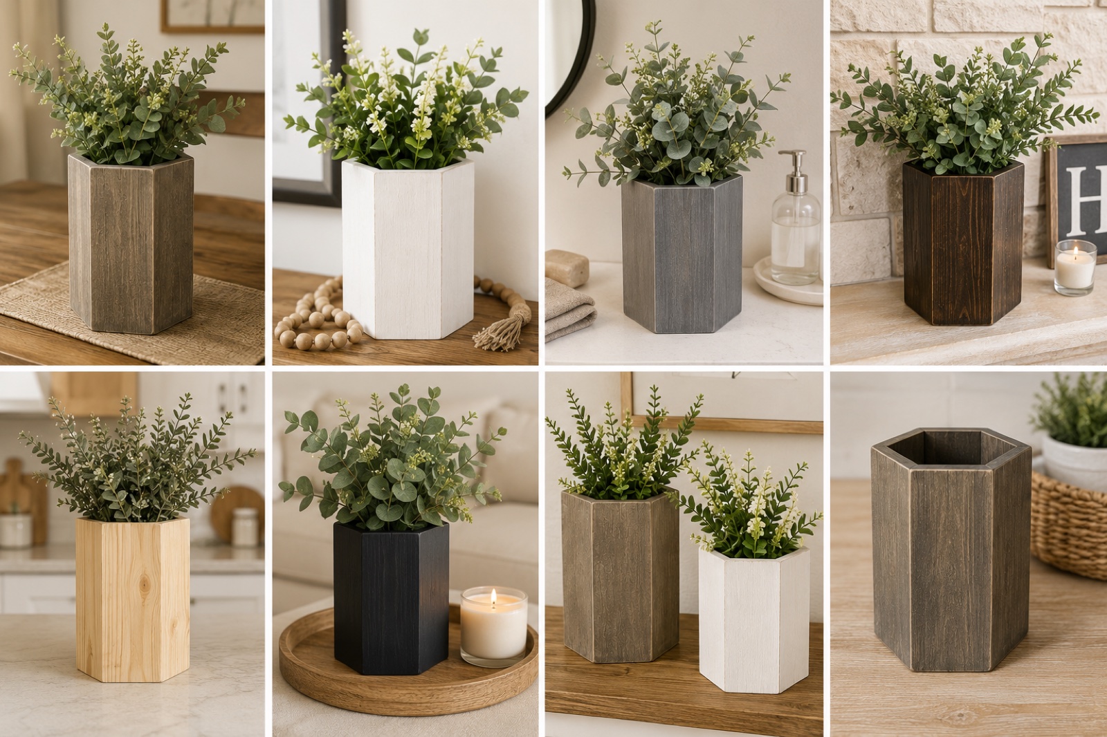 Finished hexagon flower vases in multiple stains